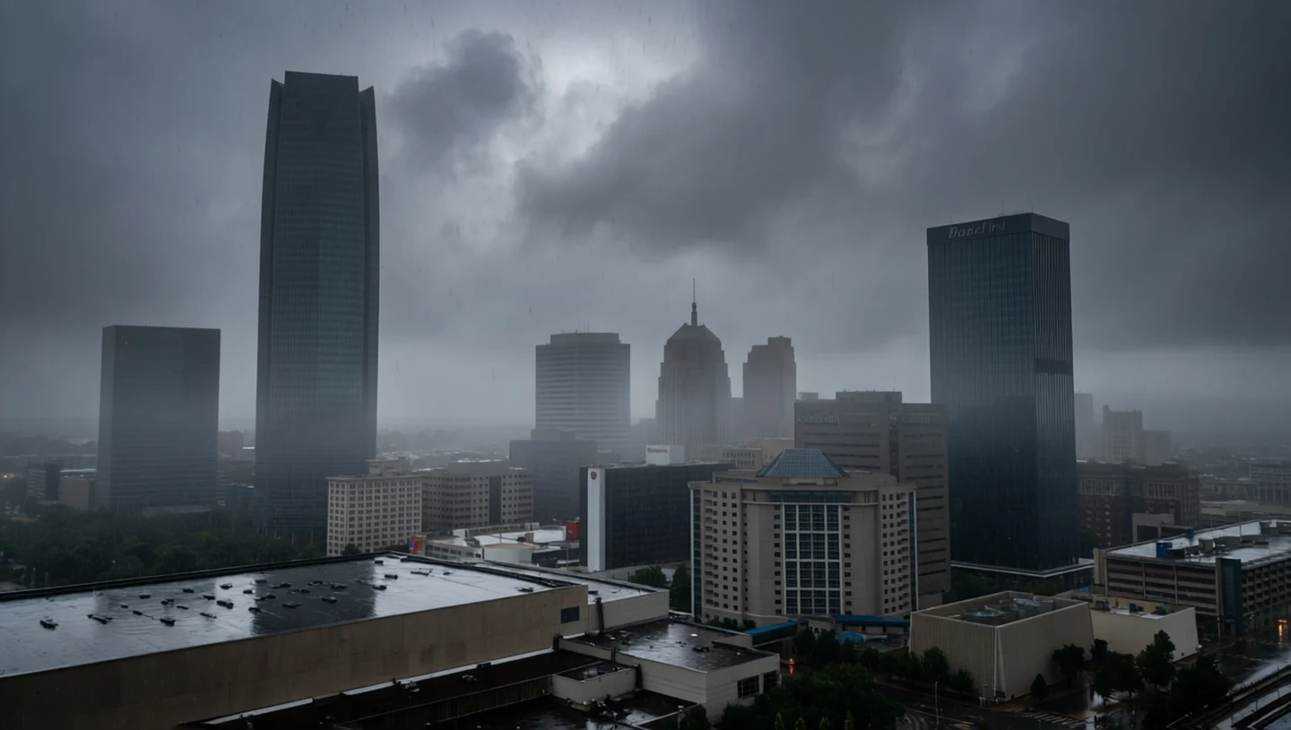 Urban rainstorm at Oklahoma City skyline, generated by our world model