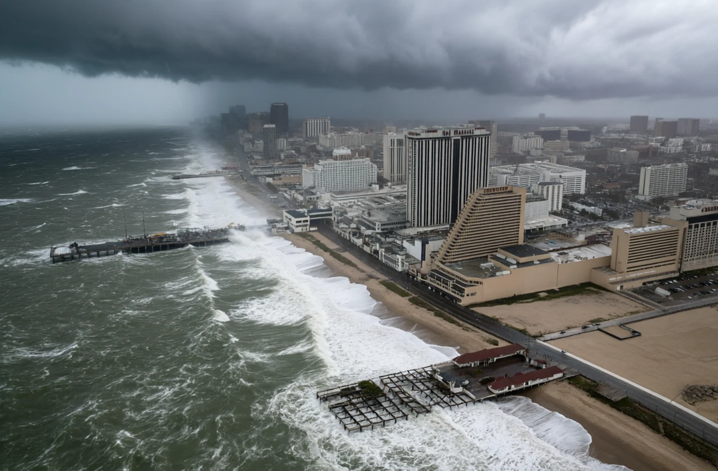 Coastal storm surf at Atlantic City shoreline, generated by our world model