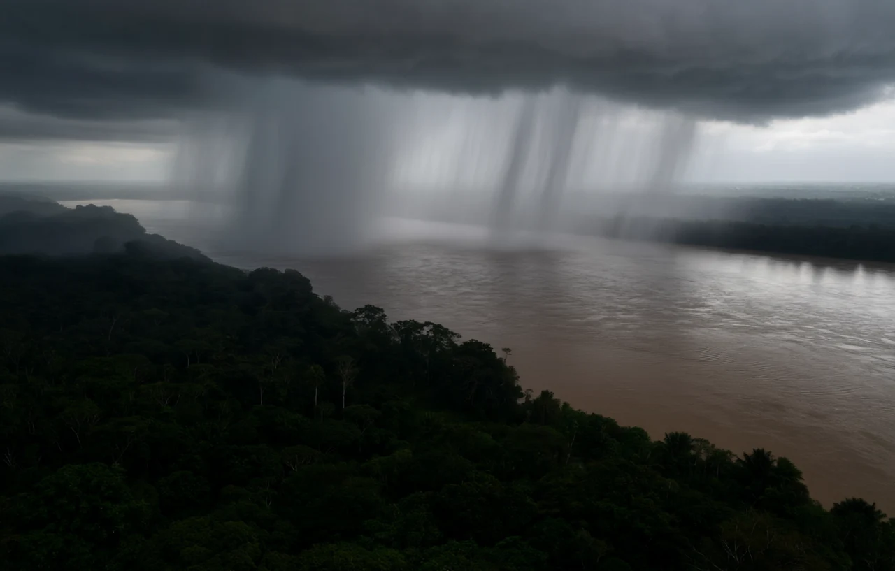 Jungle monsoon downpour at Amazon river islands, generated by our world model