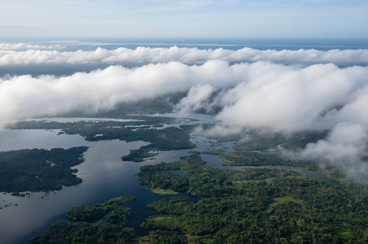 Low cloud over jungle islands at Amazon waterways, generated by our world model