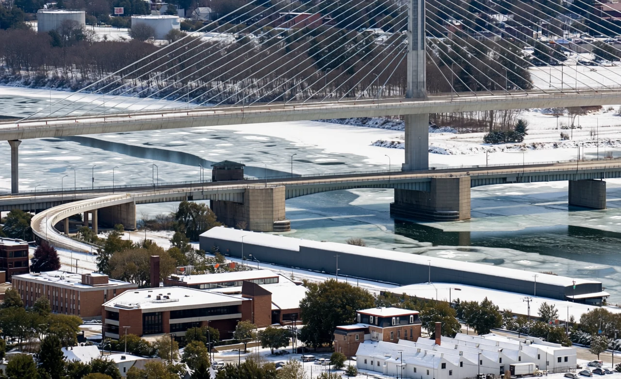 Frozen river beneath bridges at Toledo bridges, generated by our world model