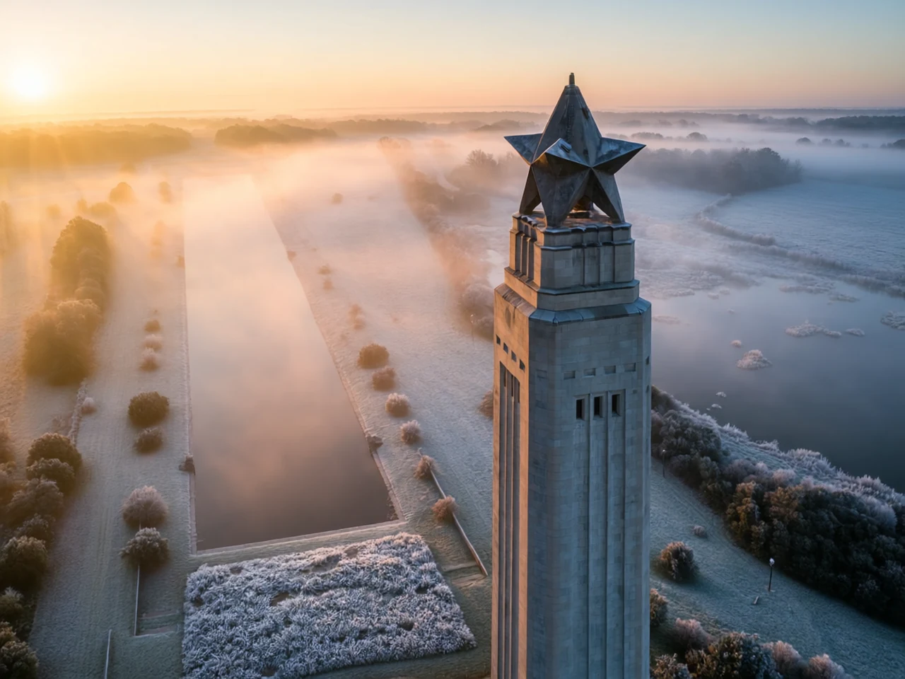 Battlefield grounds at frosty dawn at San Jacinto historic battlefield, generated by our world model