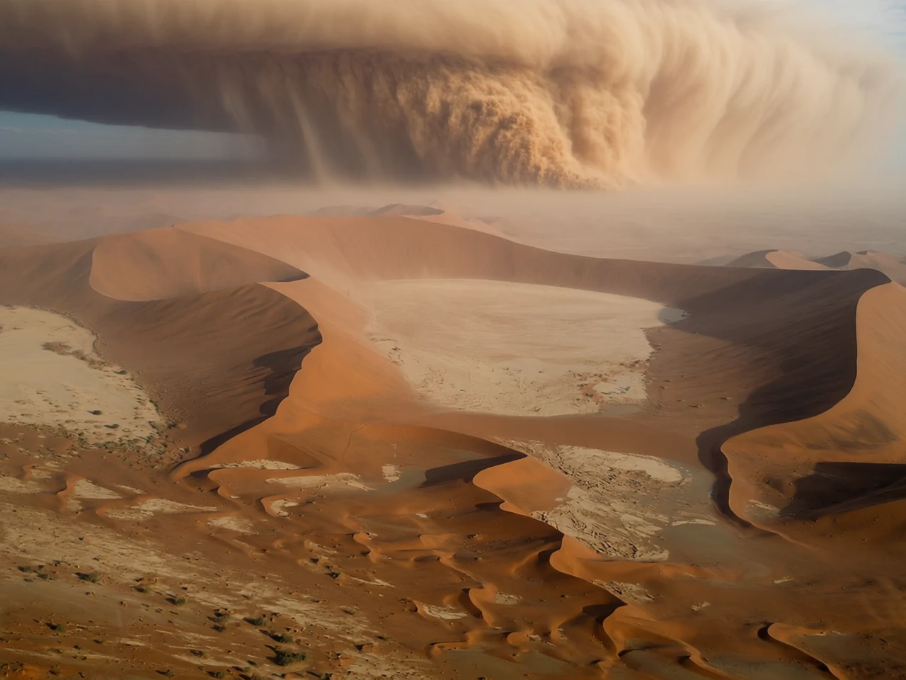 Approaching desert sandstorm at Namib dunes and clay pan, generated by our world model