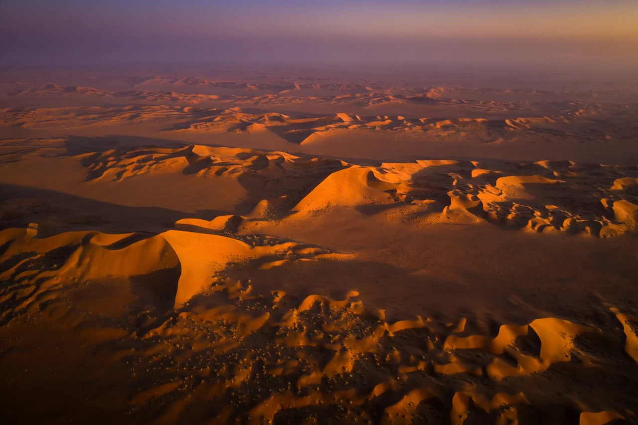 Desert sunset shadows at Namib dune formations, generated by our world model