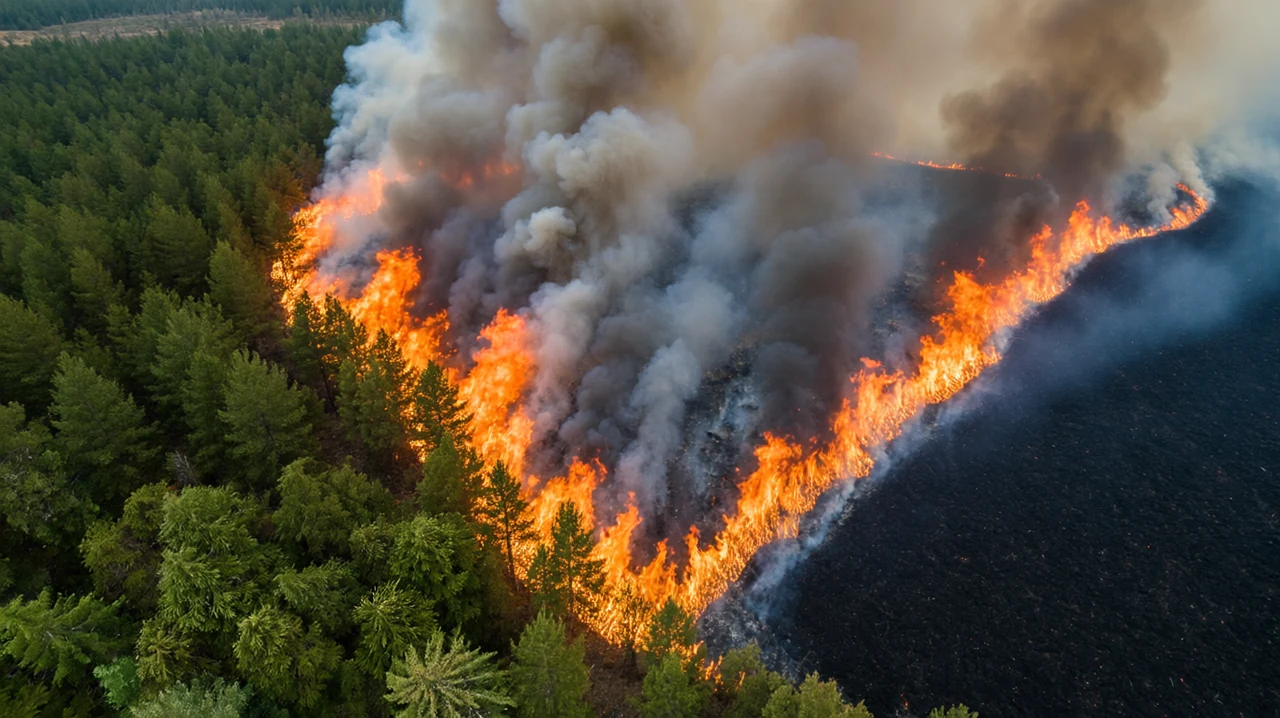Active wildfire across forest canopy at Dense conifer canopy, generated by our world model