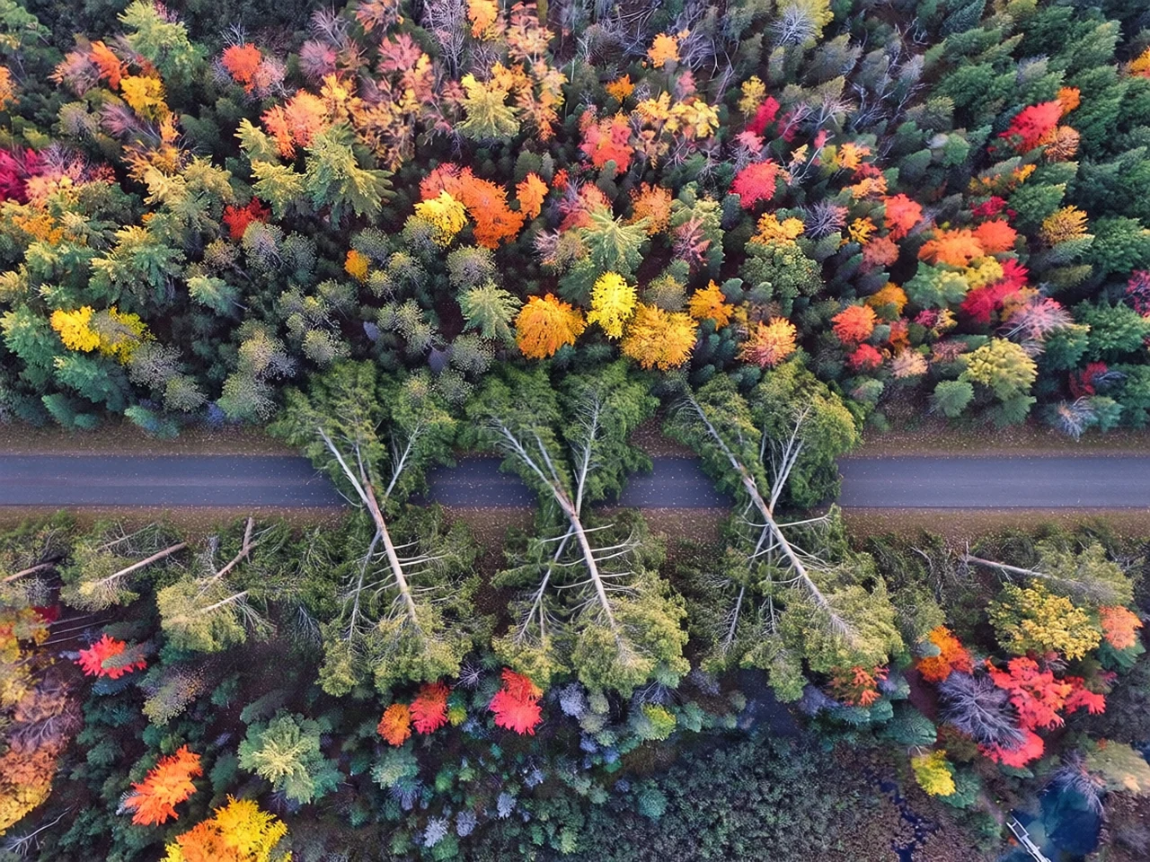 Multiple fallen trees crossing a forest road at Forest road in Grayling, generated by our world model