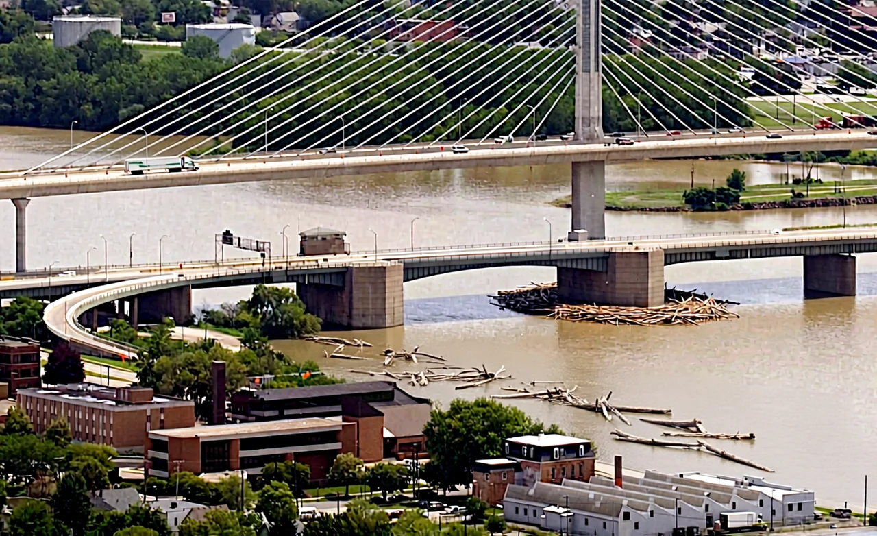 Driftwood raft and scattered floating timber at Toledo bridges, generated by our world model